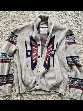 Beige Shawl Collar Cardigan Sweater with Navy & Red Pattern